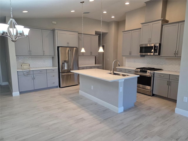 12513 Oak Hill Way, Parrish, FL 34219 - kitchen featuring appliances with stainless steel finishes, gray cabinetry, a sink, backsplash, and lofted ceiling