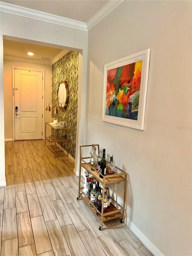 14117 Larkspur Lake Dr, Winter Garden, FL 34787 - hallway featuring wood tiled floors, crown molding, and baseboards