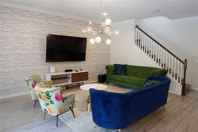14117 Larkspur Lake Dr, Winter Garden, FL 34787 - living room with wood tiled floors, stairs, crown molding, baseboards, and a chandelier