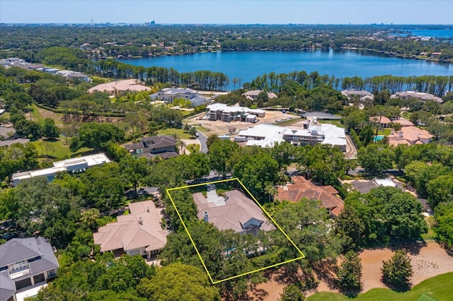 5199 Latrobe Dr, Windermere, FL 34786 - aerial perspective of suburban area with a large body of water and property boundaries highlighted