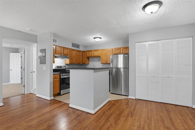 351 Lone Hill Dr Unit 206, Altamonte Springs, FL 32701 - kitchen featuring appliances with stainless steel finishes, under cabinet range hood, electric panel, light wood-type flooring, and a textured ceiling