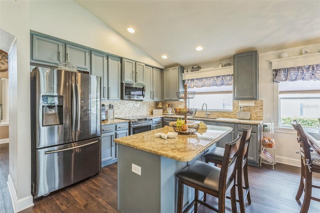 6935 Runner Oak Dr, Wesley Chapel, FL 33545 - kitchen featuring appliances with stainless steel finishes, dark wood-style flooring, tasteful backsplash, vaulted ceiling, and recessed lighting