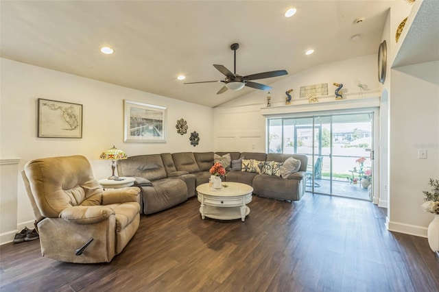 6935 Runner Oak Dr, Wesley Chapel, FL 33545 - living area with ceiling fan, dark wood-style flooring, recessed lighting, and lofted ceiling