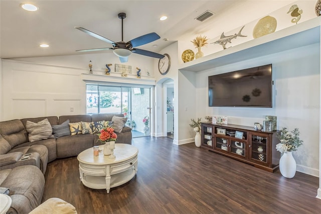 6935 Runner Oak Dr, Wesley Chapel, FL 33545 - living area with a ceiling fan, wood finished floors, recessed lighting, and high vaulted ceiling