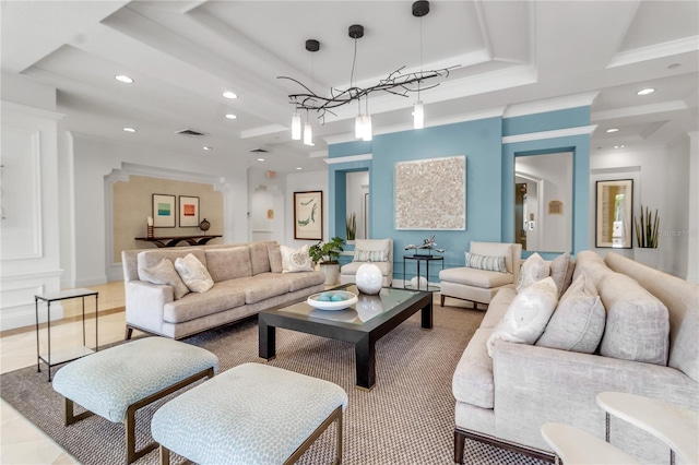 3010 Grand Bay Blvd Unit 472, Longboat Key, FL 34228 - living room with recessed lighting, a chandelier, a tray ceiling, baseboards, and crown molding