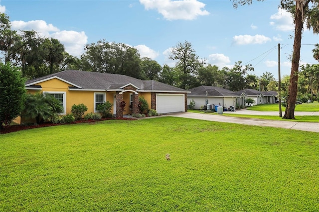 395 Alcazar Ave, De Leon Springs, FL 32130 - ranch-style house featuring driveway, an attached garage, a front lawn, and stucco siding
