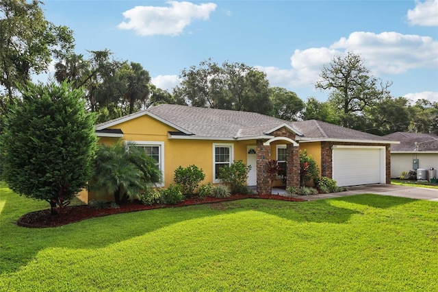 395 Alcazar Ave, De Leon Springs, FL 32130 - ranch-style house with a garage, concrete driveway, stucco siding, and a front lawn