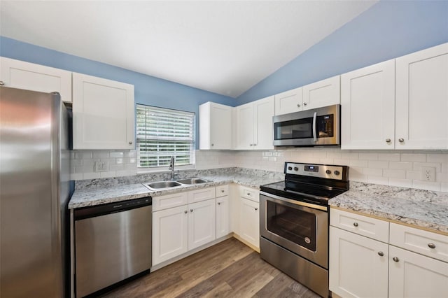 395 Alcazar Ave, De Leon Springs, FL 32130 - kitchen featuring stainless steel appliances, a sink, vaulted ceiling, decorative backsplash, and dark wood-style flooring