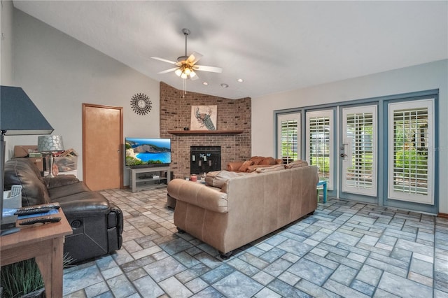 616 Magnolia St, Windermere, FL 34786 - living area with lofted ceiling, ceiling fan, brick patterned flooring, and a fireplace
