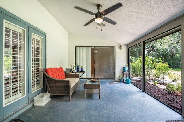 616 Magnolia St, Windermere, FL 34786 - sunroom with vaulted ceiling, ceiling fan, a textured ceiling, and speckled floor
