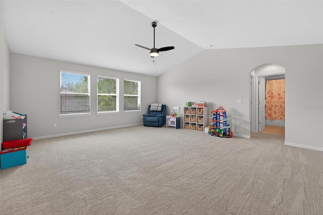 15318 Sandfield Loop, Winter Garden, FL 34787 - rec room with a ceiling fan, carpet floors, lofted ceiling, baseboards, and arched walkways