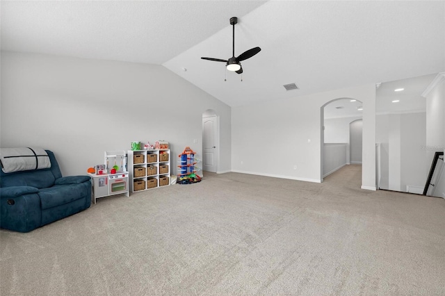 15318 Sandfield Loop, Winter Garden, FL 34787 - recreation room featuring arched walkways, ceiling fan, carpet flooring, vaulted ceiling, and recessed lighting
