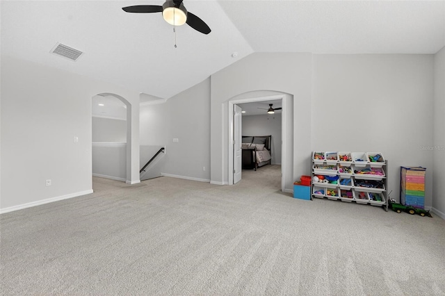 15318 Sandfield Loop, Winter Garden, FL 34787 - playroom featuring a ceiling fan, carpet floors, and vaulted ceiling