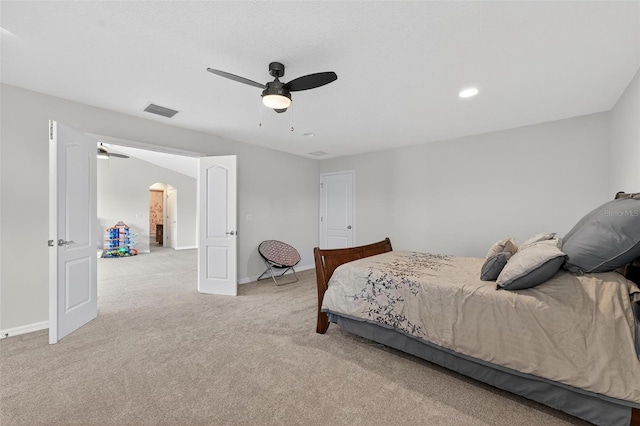 15318 Sandfield Loop, Winter Garden, FL 34787 - carpeted bedroom with arched walkways, ceiling fan, baseboards, and recessed lighting