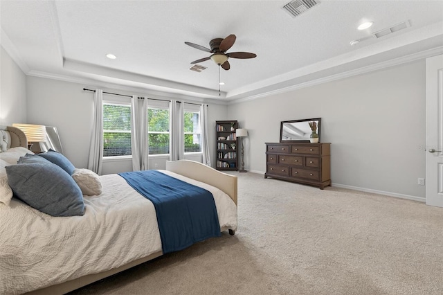 15318 Sandfield Loop, Winter Garden, FL 34787 - carpeted bedroom with a raised ceiling, baseboards, recessed lighting, ceiling fan, and crown molding