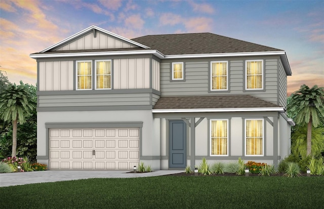 6005 Blue View Way, Saint Cloud, FL 34771 - view of front of house with roof with shingles, an attached garage, a yard, concrete driveway, and board and batten siding