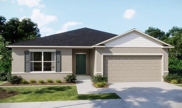 8624 N Pitcairn Way, Citrus Springs, FL 34434 - single story home with an attached garage, driveway, a shingled roof, stucco siding, and a front lawn