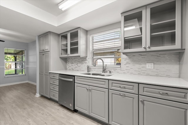 2751 Wentworth Pl, Cocoa, FL 32926 - kitchen featuring gray cabinets, dishwasher, light wood-style floors, and backsplash