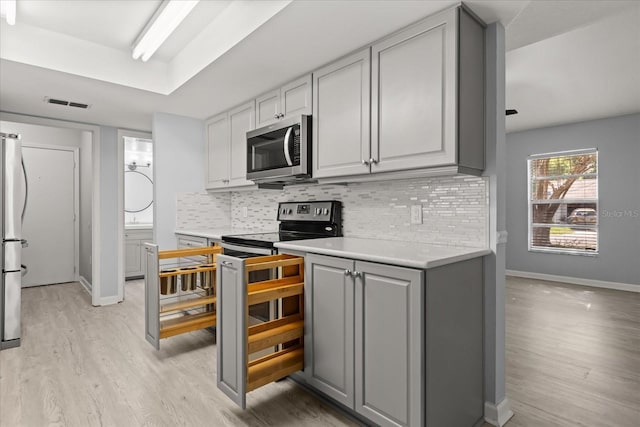 2751 Wentworth Pl, Cocoa, FL 32926 - kitchen featuring appliances with stainless steel finishes, gray cabinets, light wood-style flooring, backsplash, and light countertops