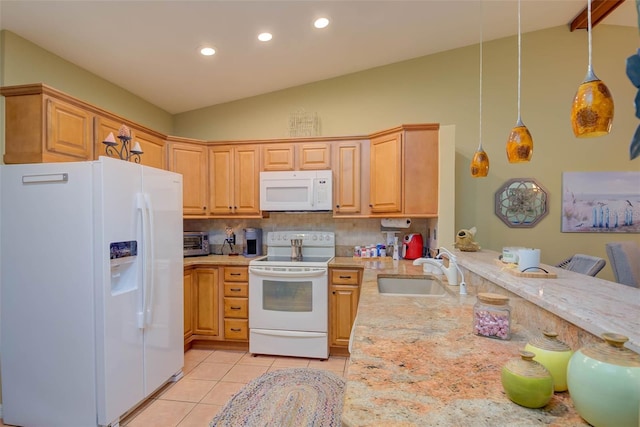 5323 Concord Way, Fort Myers, FL 33907 - kitchen with white appliances, a sink, light tile patterned flooring, tasteful backsplash, and a peninsula