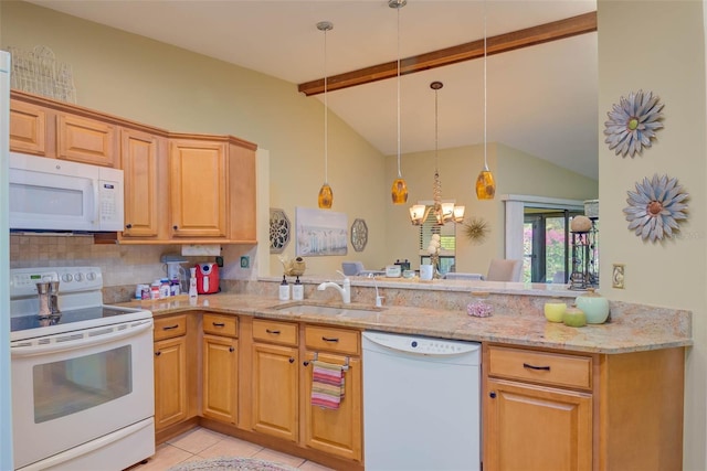 5323 Concord Way, Fort Myers, FL 33907 - kitchen featuring white appliances, a sink, light stone countertops, light tile patterned floors, and decorative backsplash