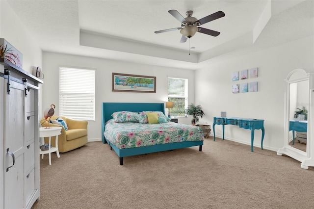 15613 Camp Dubois Cres, Winter Garden, FL 34787 - bedroom with a barn door, a raised ceiling, carpet flooring, ceiling fan, and baseboards