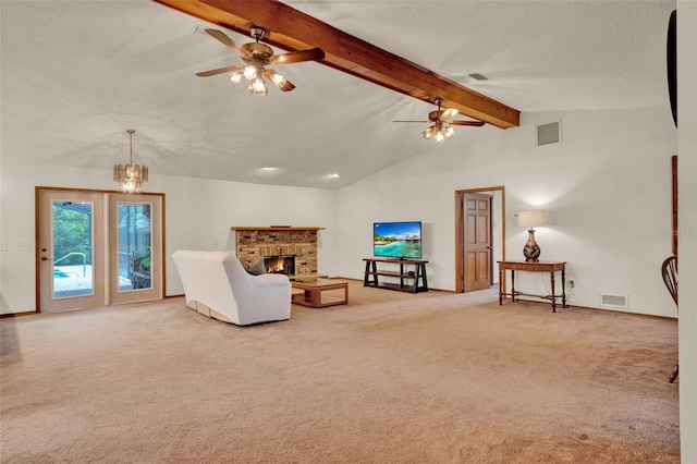 1778 Woodcrest Ln, Deland, FL 32720 - living area featuring carpet, a brick fireplace, a ceiling fan, and a textured ceiling