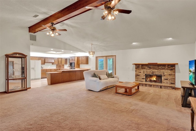 1778 Woodcrest Ln, Deland, FL 32720 - living area with a ceiling fan, light colored carpet, beam ceiling, high vaulted ceiling, and a brick fireplace