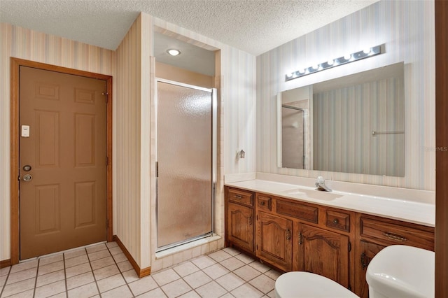 1778 Woodcrest Ln, Deland, FL 32720 - full bath featuring wallpapered walls, a stall shower, a textured ceiling, vanity, and tile patterned flooring