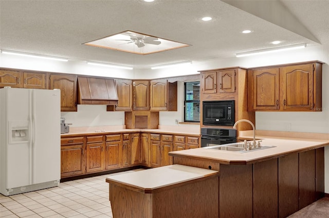 1778 Woodcrest Ln, Deland, FL 32720 - kitchen featuring black appliances, a peninsula, brown cabinets, premium range hood, and light countertops