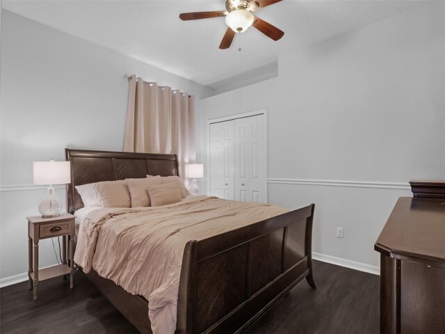 917 Dekleva Dr, Apopka, FL 32712 - bedroom featuring dark wood-style floors, baseboards, ceiling fan, and a closet