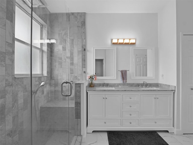 917 Dekleva Dr, Apopka, FL 32712 - bathroom with marble look tile flooring, double vanity, and a shower stall