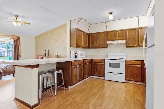 281 NE Greenbrier Ave, Port St Lucie, FL 34983 - kitchen featuring white appliances, under cabinet range hood, a peninsula, light wood-type flooring, and a ceiling fan