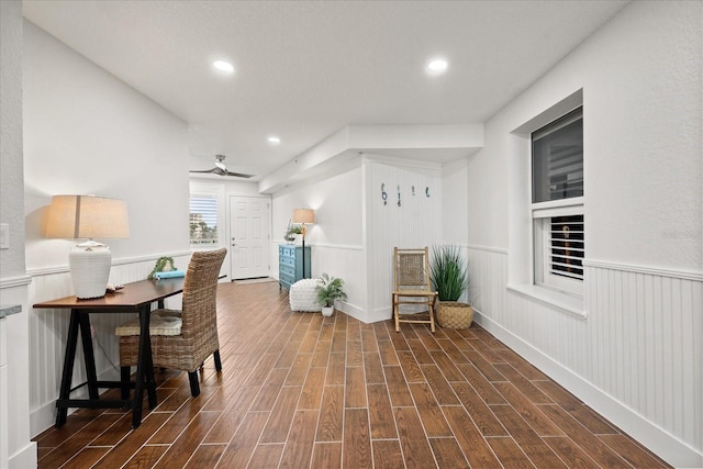 4621 S Atlantic Ave Unit 7202, Port Orange, FL 32127 - home office featuring a wainscoted wall, dark wood-type flooring, recessed lighting, and ceiling fan