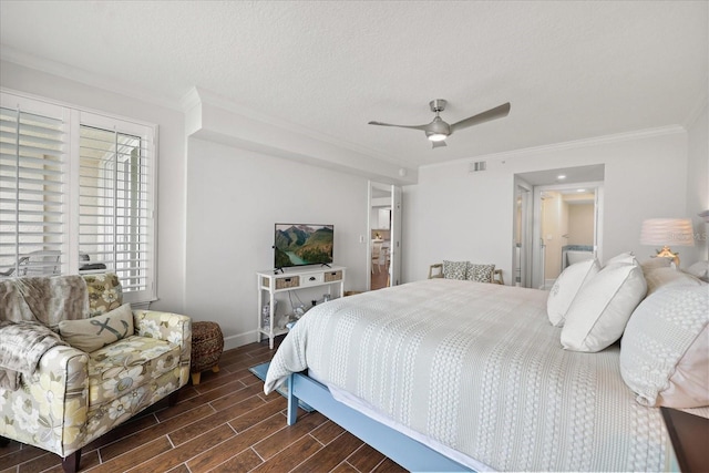 4621 S Atlantic Ave Unit 7202, Port Orange, FL 32127 - bedroom with ornamental molding, dark wood-style flooring, baseboards, and a ceiling fan
