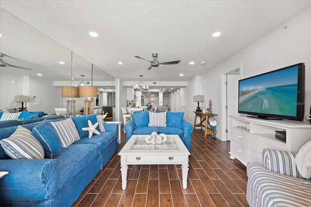 4621 S Atlantic Ave Unit 7202, Port Orange, FL 32127 - living room with a ceiling fan, a textured ceiling, wood finished floors, and recessed lighting