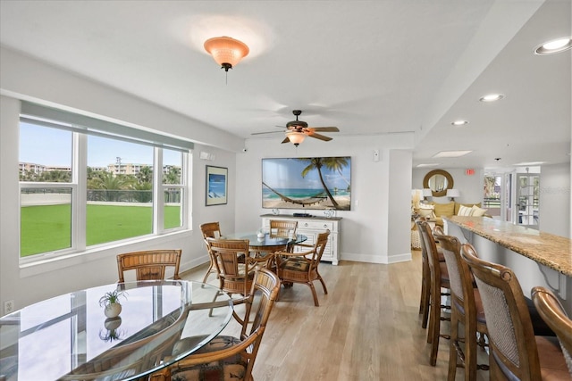 4621 S Atlantic Ave Unit 7202, Port Orange, FL 32127 - dining area with baseboards, light wood-type flooring, a ceiling fan, and recessed lighting