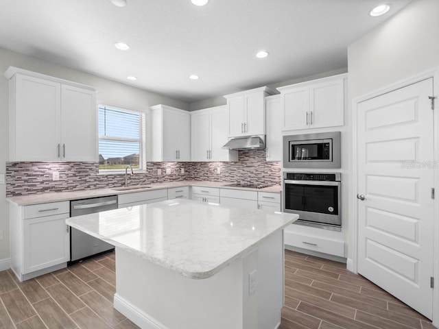 11027 Hollow Bay Dr, Winter Garden, FL 34787 - kitchen featuring appliances with stainless steel finishes, a sink, wood tiled floors, under cabinet range hood, and backsplash