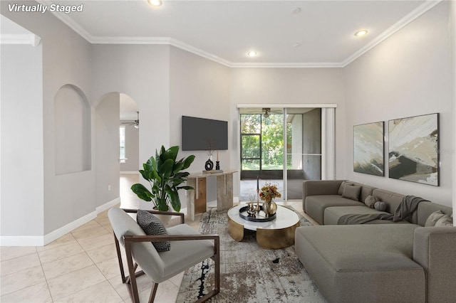 11322 Rapallo Ln, Windermere, FL 34786 - living area featuring ceiling fan, plenty of natural light, crown molding, recessed lighting, and light tile patterned floors