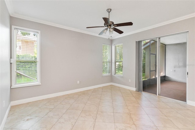 11322 Rapallo Ln, Windermere, FL 34786 - spare room with ornamental molding, a ceiling fan, and light tile patterned flooring
