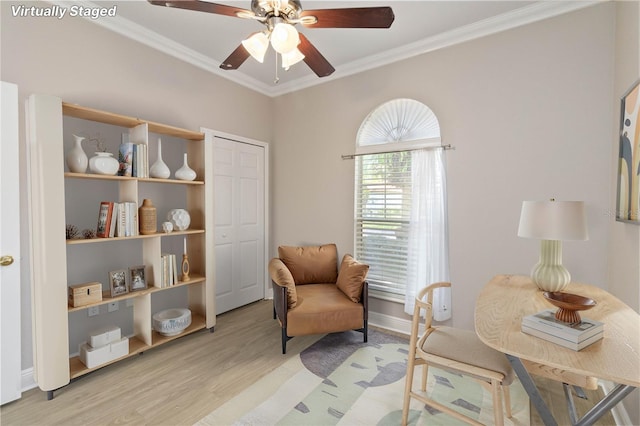11322 Rapallo Ln, Windermere, FL 34786 - living area featuring light wood finished floors, ornamental molding, and a ceiling fan