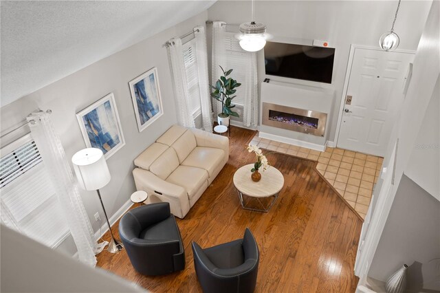 938 Southridge Trl, Altamonte Springs, FL 32714 - living room featuring a glass covered fireplace, healthy amount of natural light, wood finished floors, and baseboards