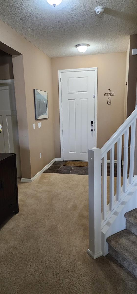 7620 Tangle Rush Dr, Gibsonton, FL 33534 - foyer featuring carpet flooring, a textured ceiling, and stairs