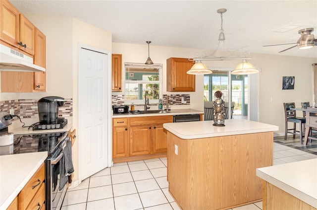 16012 Lanesboro Ct, Clermont, FL 34711 - kitchen with stainless steel range with electric stovetop, a sink, decorative backsplash, and under cabinet range hood
