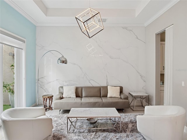 1265 Estancia Woods Loop, Windermere, FL 34786 - living area with a raised ceiling, a chandelier, and ornamental molding