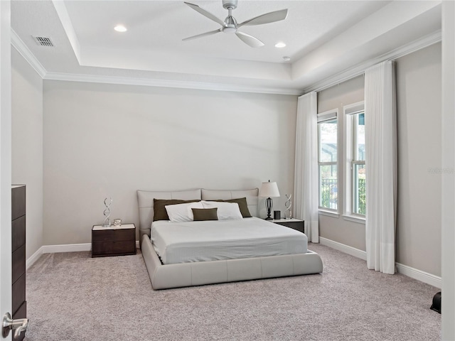 1265 Estancia Woods Loop, Windermere, FL 34786 - bedroom featuring a raised ceiling, carpet, a ceiling fan, crown molding, and recessed lighting