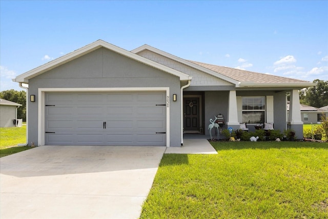 9020 SE 42nd Ct, Ocala, FL 34480 - ranch-style house with stucco siding, a front yard, concrete driveway, a garage, and a porch