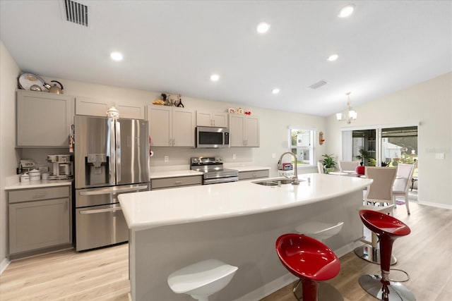 9020 SE 42nd Ct, Ocala, FL 34480 - kitchen with appliances with stainless steel finishes, gray cabinetry, light wood-type flooring, recessed lighting, and vaulted ceiling