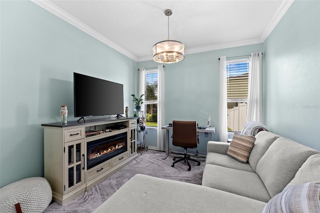 3562 Foxchase Dr, Clermont, FL 34711 - home office with carpet floors, a chandelier, crown molding, and a glass covered fireplace