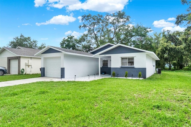 324 James Pl, Saint Cloud, FL 34769 - ranch-style house featuring an attached garage, driveway, a front lawn, central AC, and brick siding